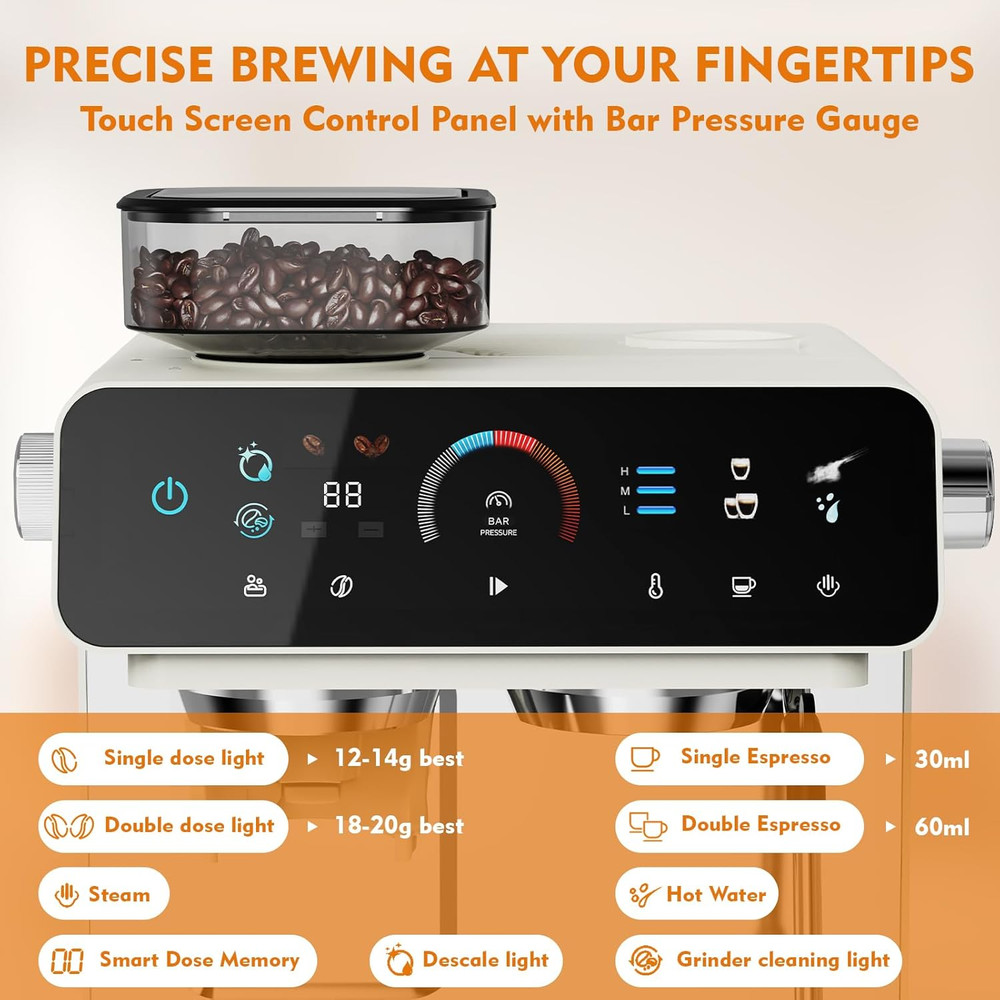 20 Bar Espresso Machine with Grinder & 19 Settings for Perfect Coffee