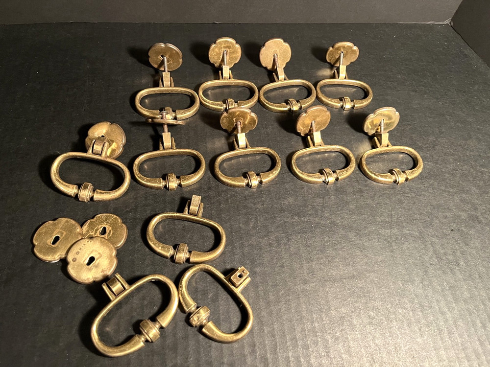 12 Sets ~ Old  Antique Style Brass Drop Ring Drawer Pull Handles w Back Plates