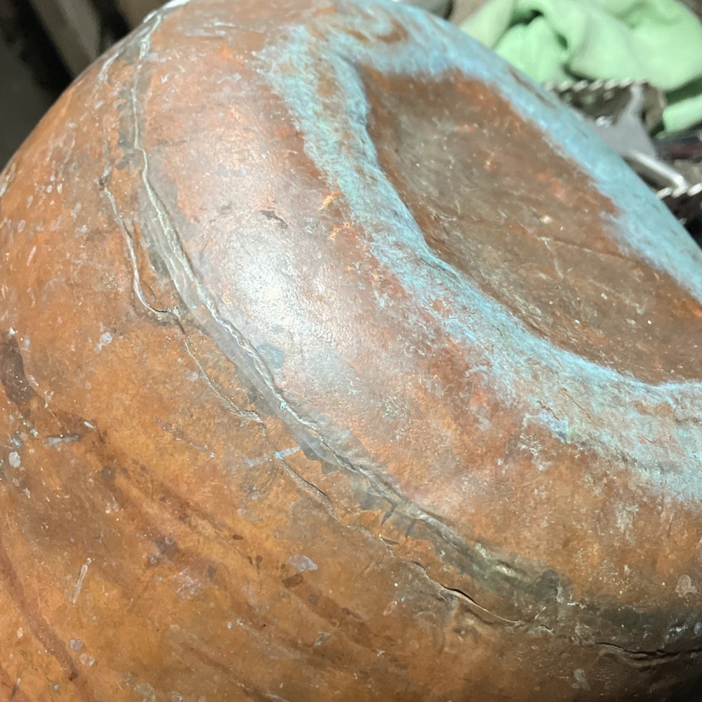 Antique handmade copper kettle apple butter cauldron dovetail iron handle
