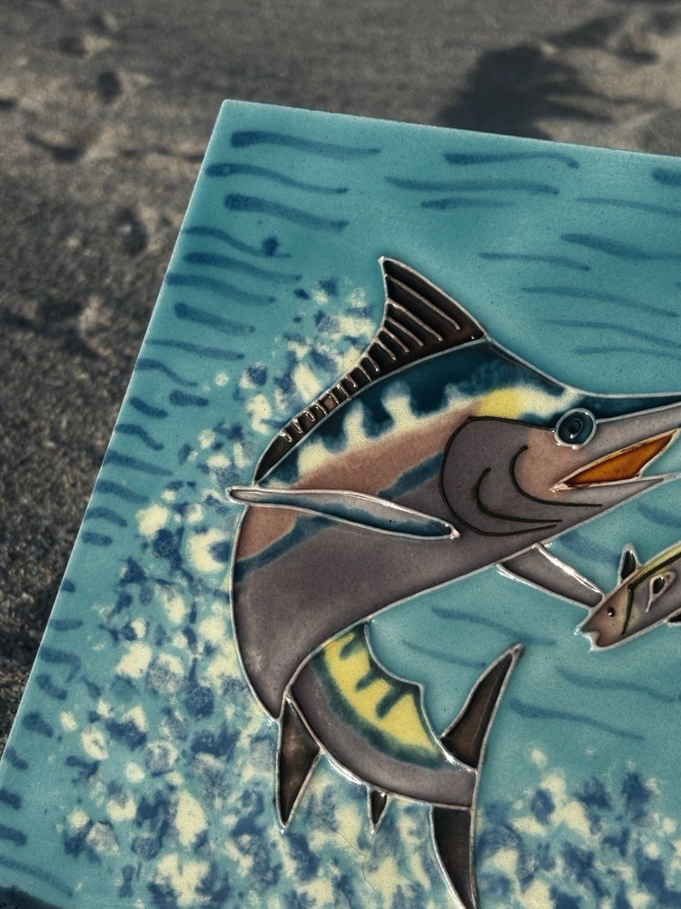 Marlin Hunting Fish Blue 8” Ceramic Tile with Backing & Stand