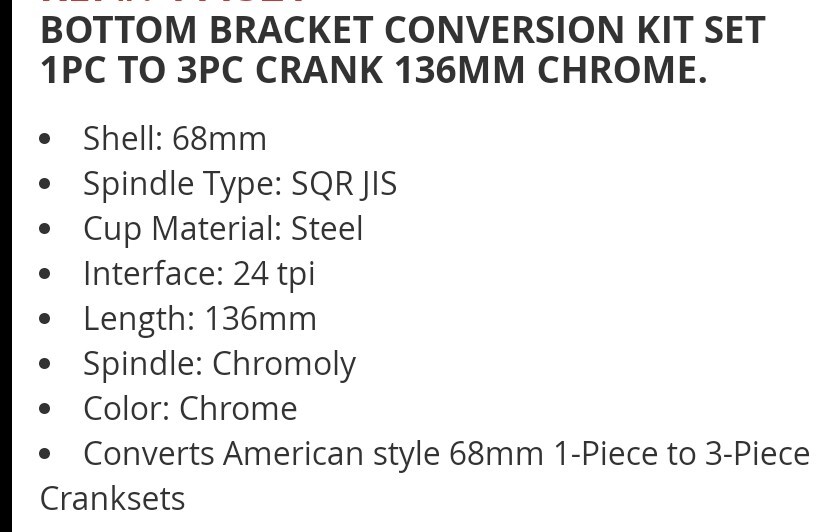 BICYCLE BOTTOM BRACKET CONVERSION KIT SET 1PC TO 3PC CRANK 136MM CHROME
