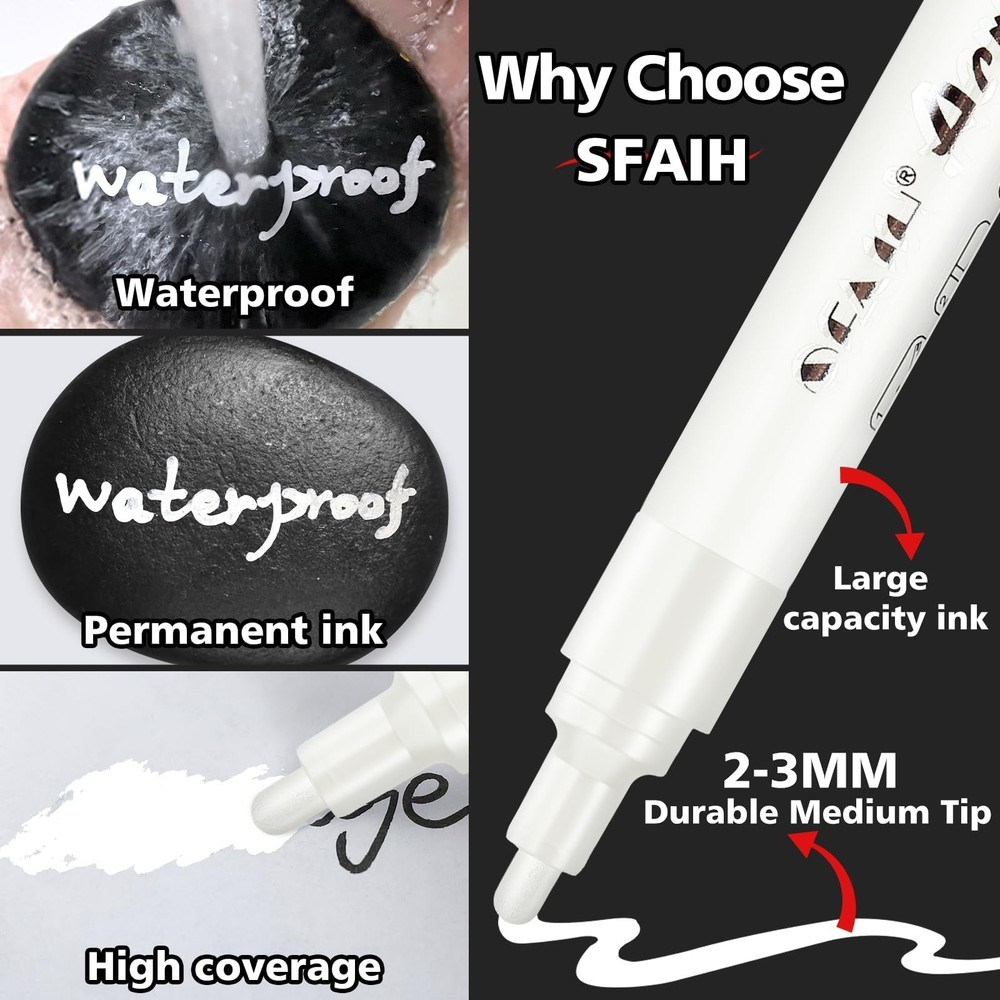 SFAIH White Paint Markers Pens - 4 Pack 2-3MM Medium Tip Medium,