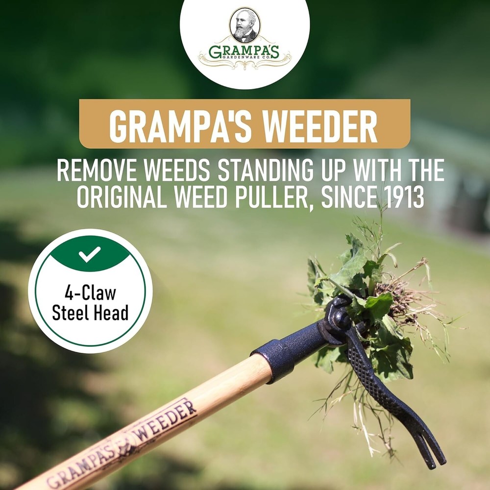 Stand Up Weed Puller Tool Bamboo 45" Long Handle 4-Claw Easy Weeding Durable