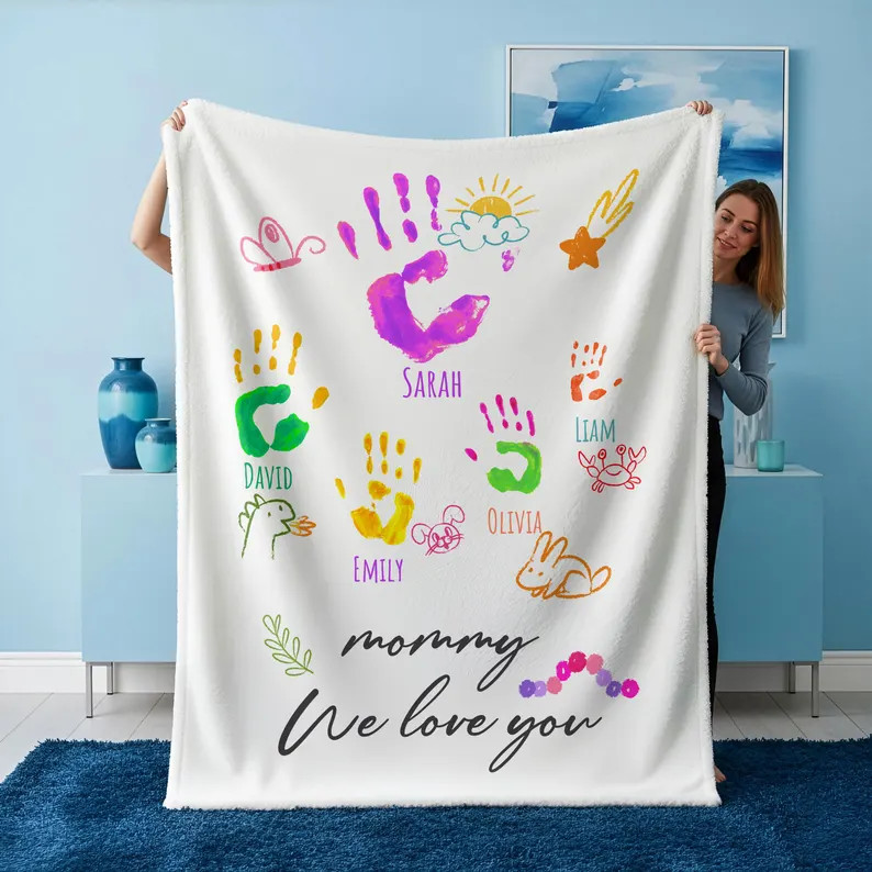 Custom Mama Blanket Personalized Handprints Mom Gift Mother
