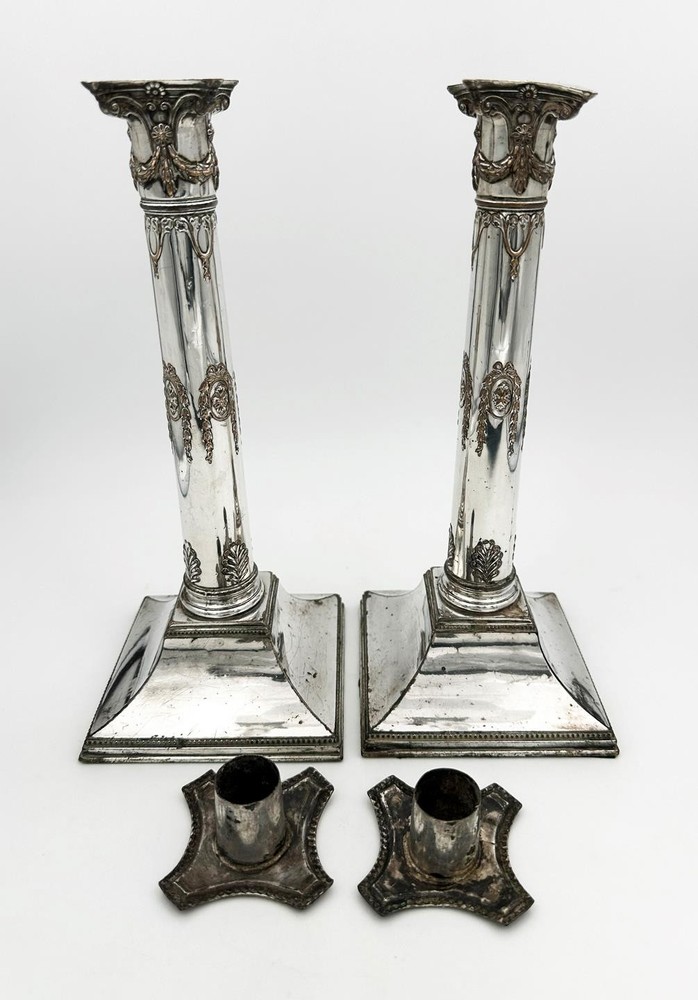 PAIR GEORGE III COLUMN CANDLESTICKS OLD SHEFFIELD PLATE c1780