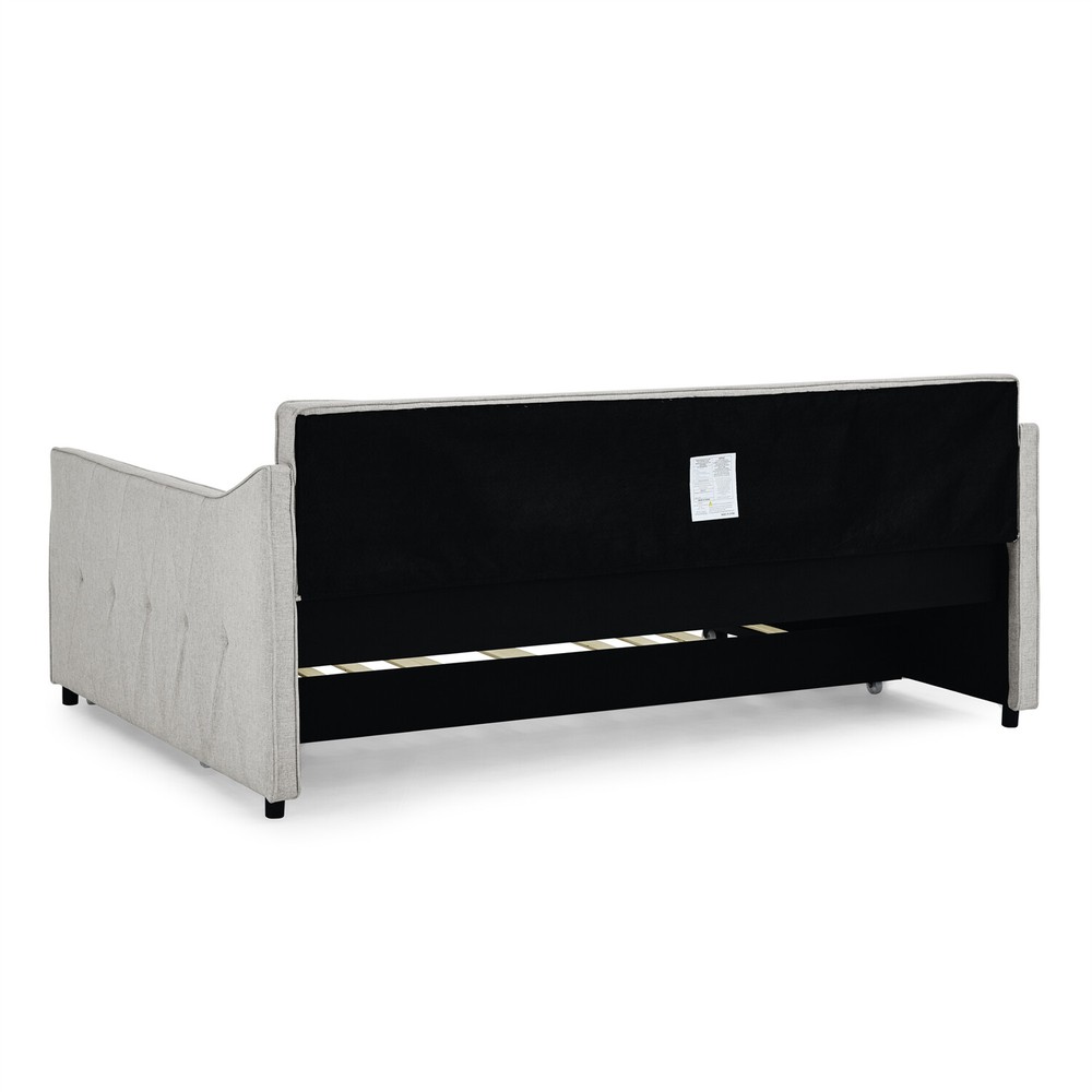 Full Size Daybed w/ Pull-Out Trundle Bed Linen Upholstered Bed Frame Sofa Bed US