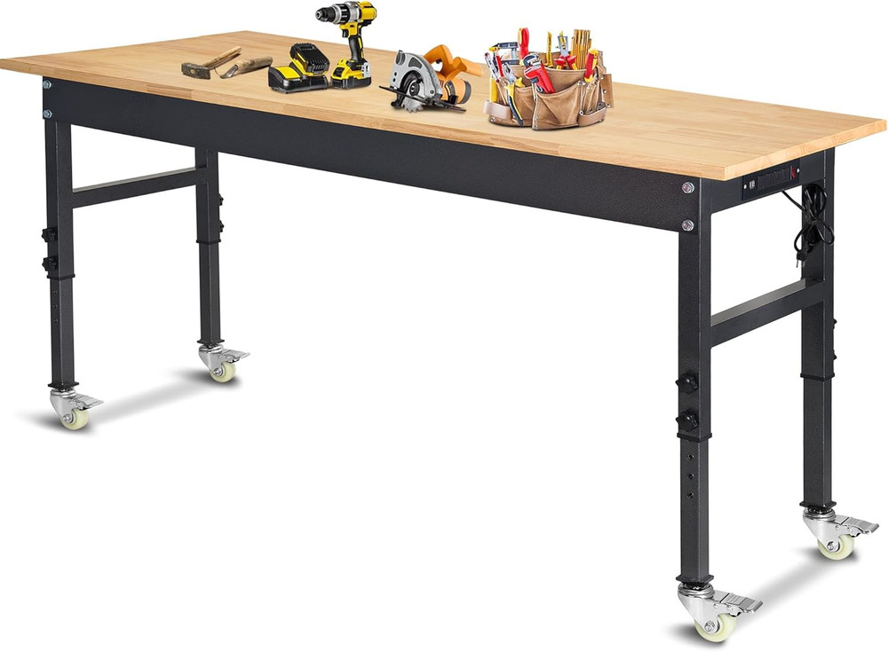 60" Adjustable Work Bench, Rubber Wood Top Workbench Heavy-Duty Work Table with