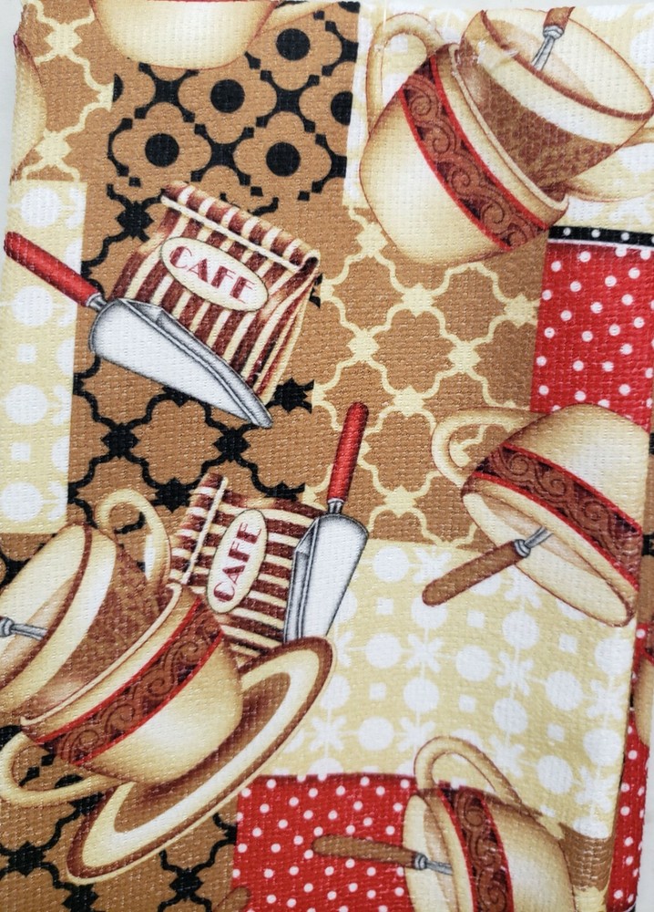 SET OF 2 SAME PRINTED MICROFIBER TOWELS (15 x 25") COFFEE CUPS STACK & SPOONS,SH