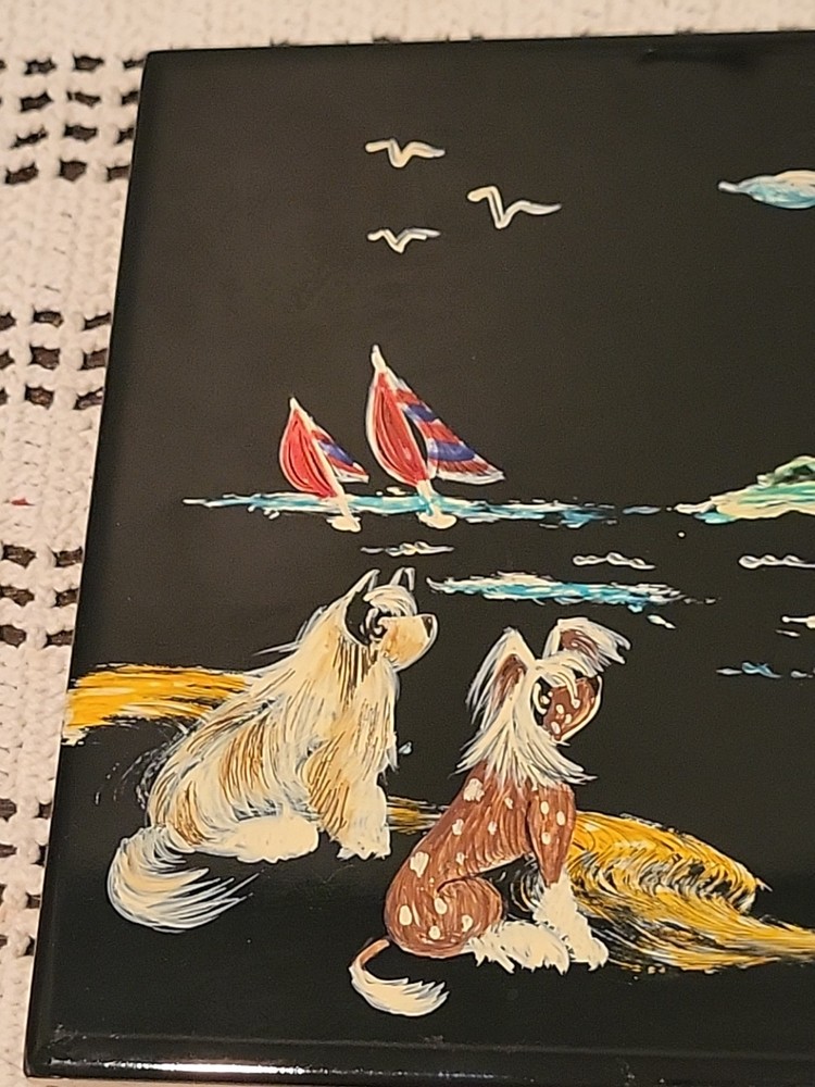 Hand Painted Dog Ceramic Tile 6" Square Multicolor 2000 Y2K Lighthouse Signed
