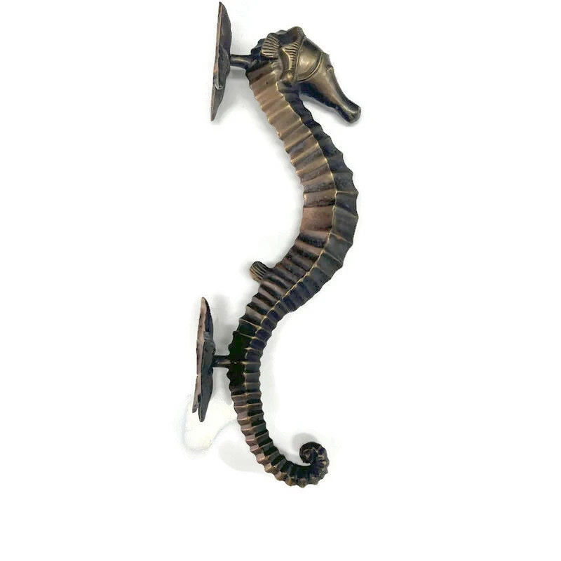 2 Brass Large 35cm Seahorse pulls Star backplates Door Handle Pull Antique Brass