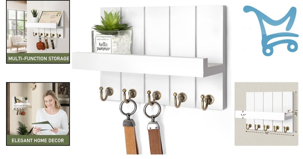 Wall Mount Key Holder Mail Organizer Rustic White 5 Hooks Modern Farmhouse