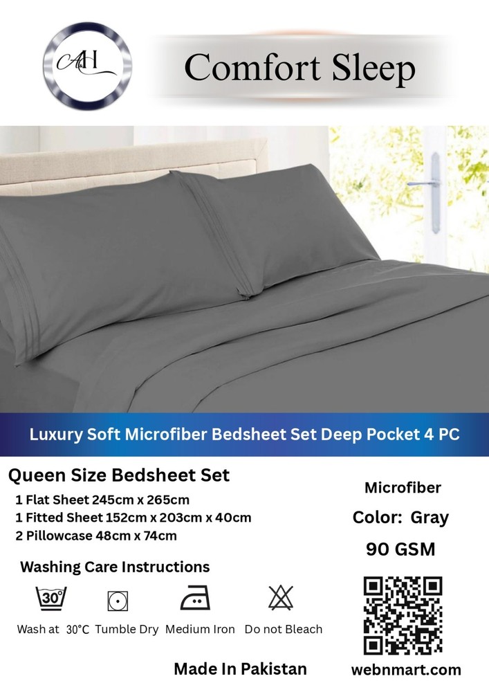 Queen Size Bed Sheet Set 4PC Microfiber 90GSM Flat Fitted/2 Pillowcases Charcoal