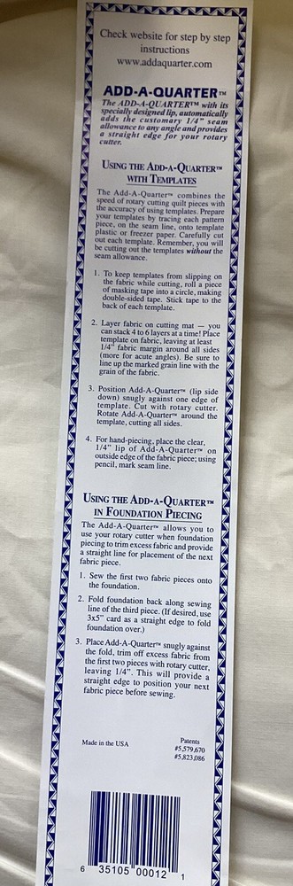 Add-A-Quarter™ - 12" Ruler - 1/4" Lip - Simplifies Foundation & Template Piecing