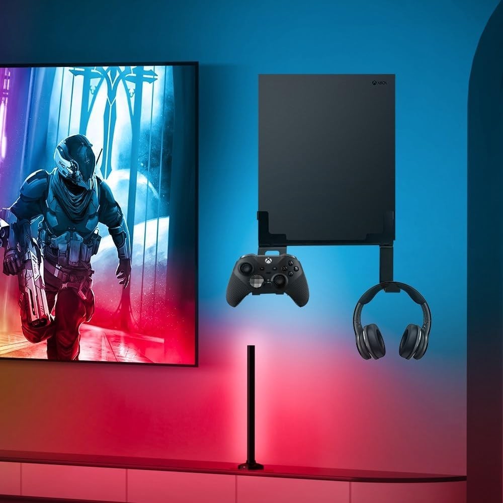 Secure Xbox One X Wall Mount Stand with Detachable Controller & Headphone Holder