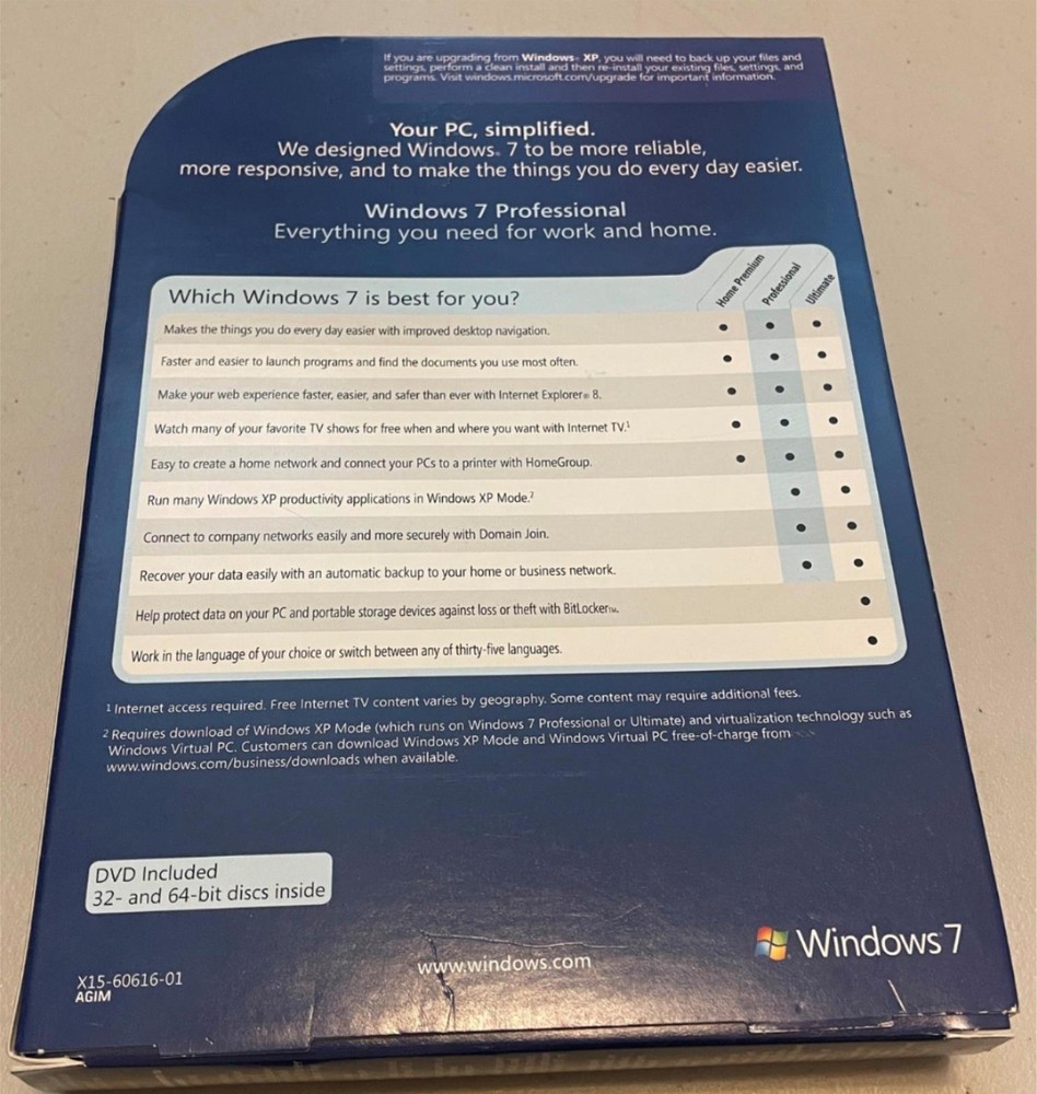 Microsoft Windows 7 Professional Full 32 & 64 bit DVD MS WIN PRO Open Box
