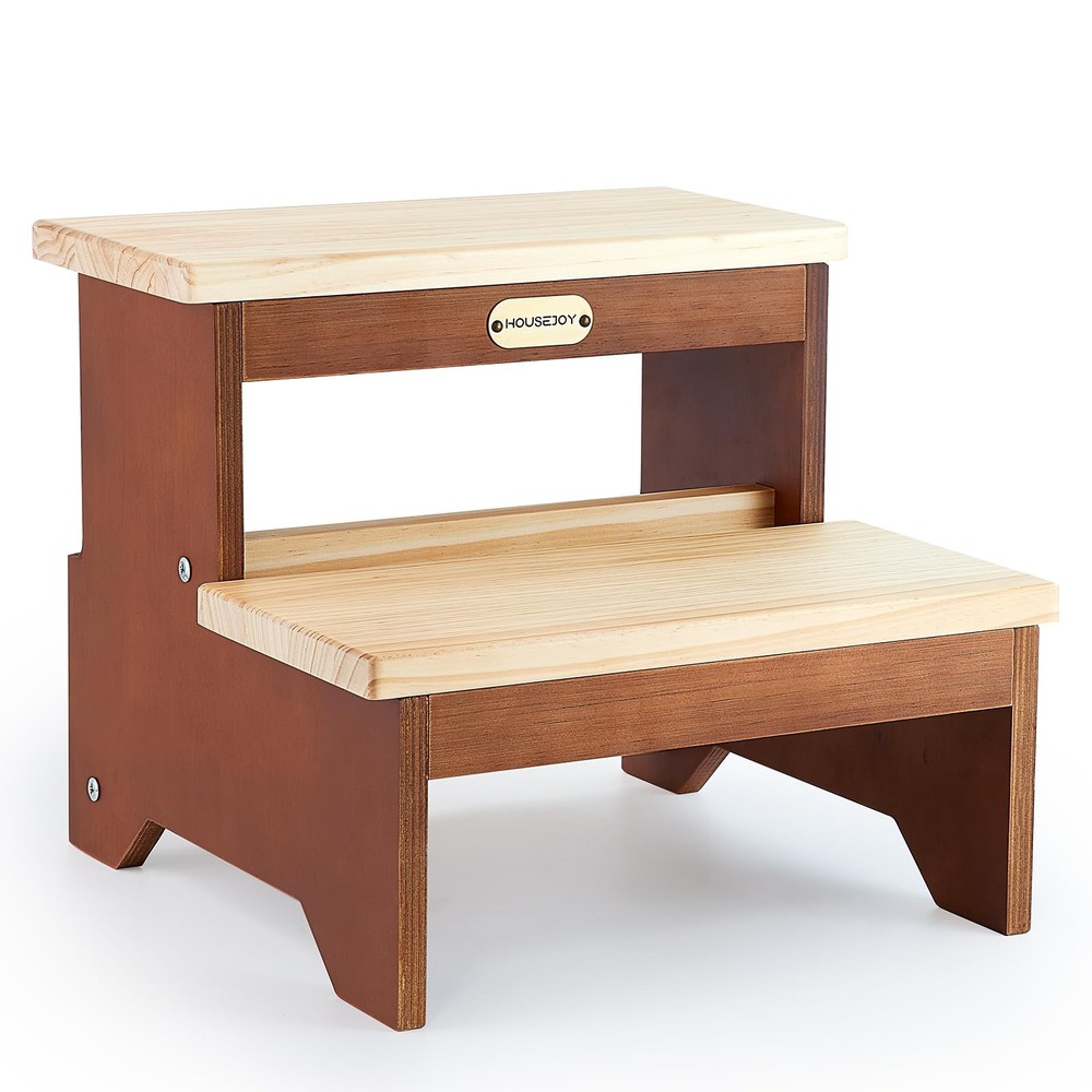 Wooden Two Step Stool for Adults and Kids, Bed Stepstool with Two-Colour,...