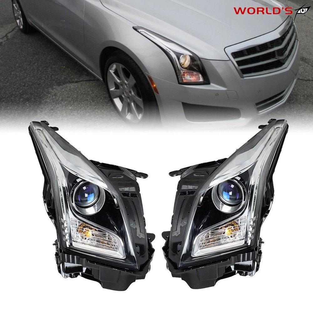 Right+Left Headlight For Cadillac ATS 2013-2018 Halogen Projector Chrome Housing