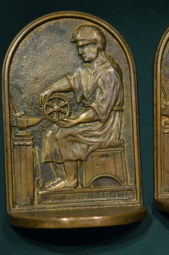 Antique Blacksmith, Engineer, Machining themed Brass Bookends heavy 8" tall