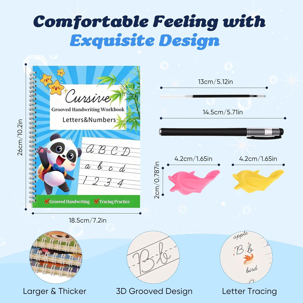 3 Pack Grooved Cursive Handwriting Workbooks - Magic Ink Disappearing Cursive Tr