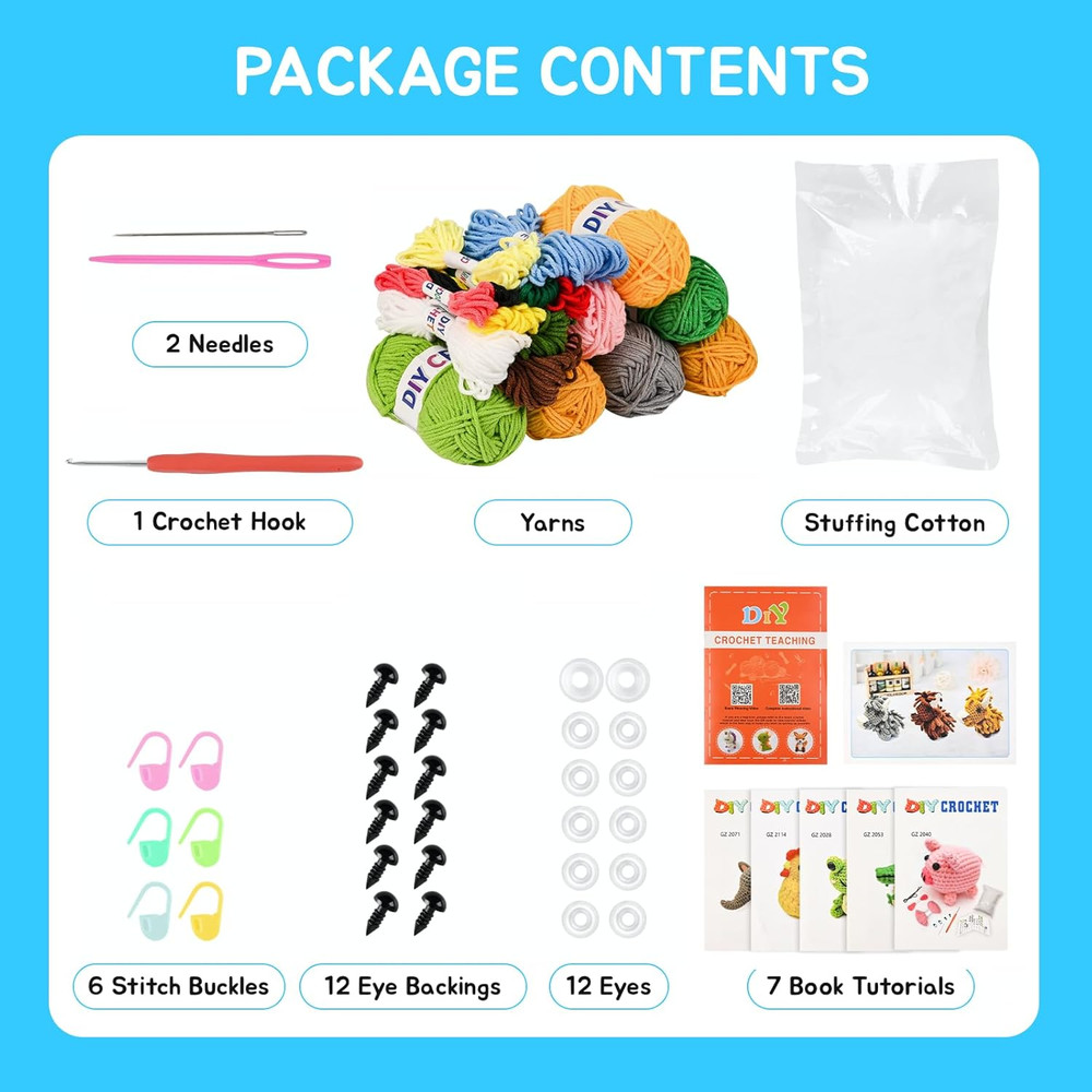 Beginner Crochet Kit: 6 Animal Projects with Yarn & Tutorials, Ideal Gift