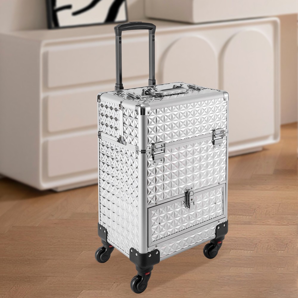 Rolling Nail Case Wheeled Manicure Makeup Train Box Storage Case Organizer