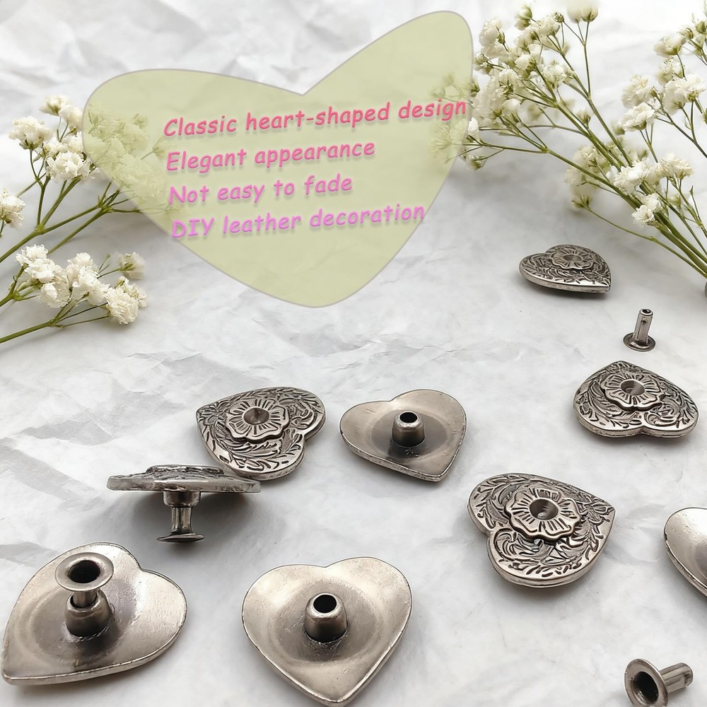 20 PCS Silver Heart Pattern Buttons Love Rivets Retro Carving Texture Bag