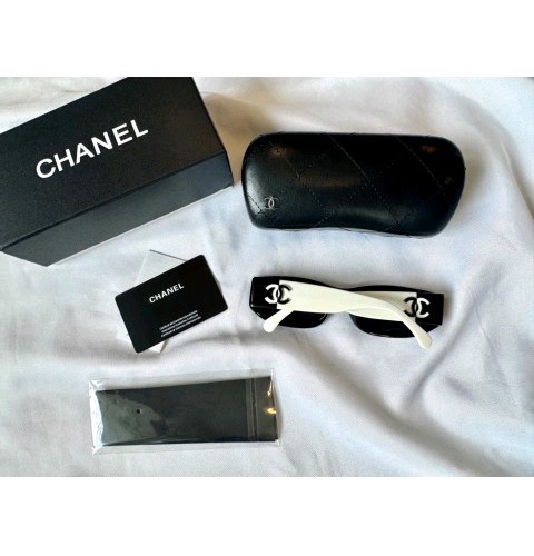 Authentic CHANEL 5525 POLARIZED BLACK & WHITE RECTANGLE SUNGLASSES