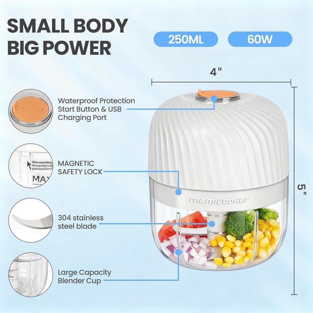 Compact 250ml Electric Veggie Chopper - Effortless One-Touch Operation