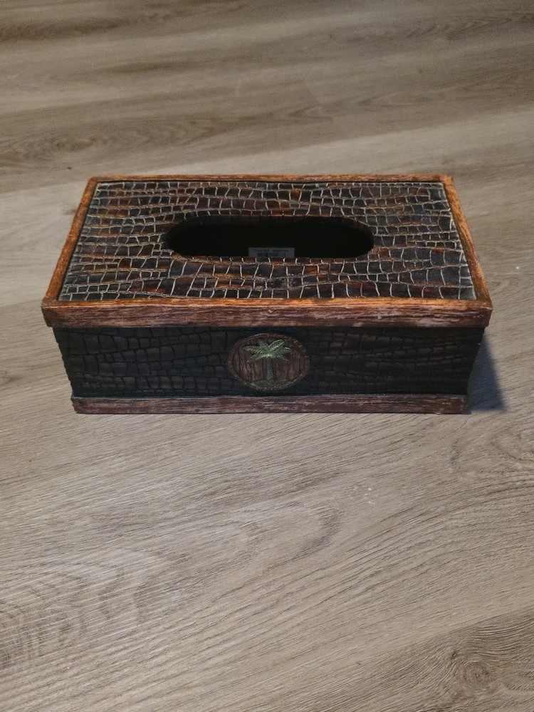 Tissue Box Cover,decorative heavy man made composite, brown, palm tree on front
