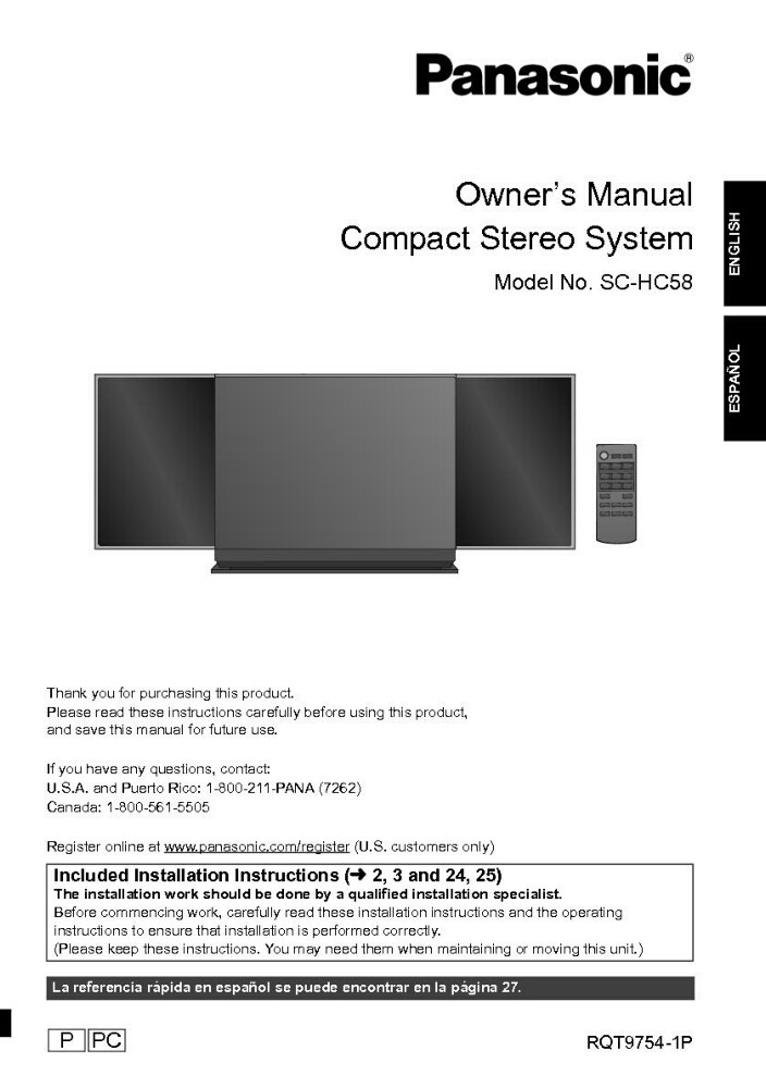 Panasonic SA-HC58 Stereo System Owners Instruction Manual