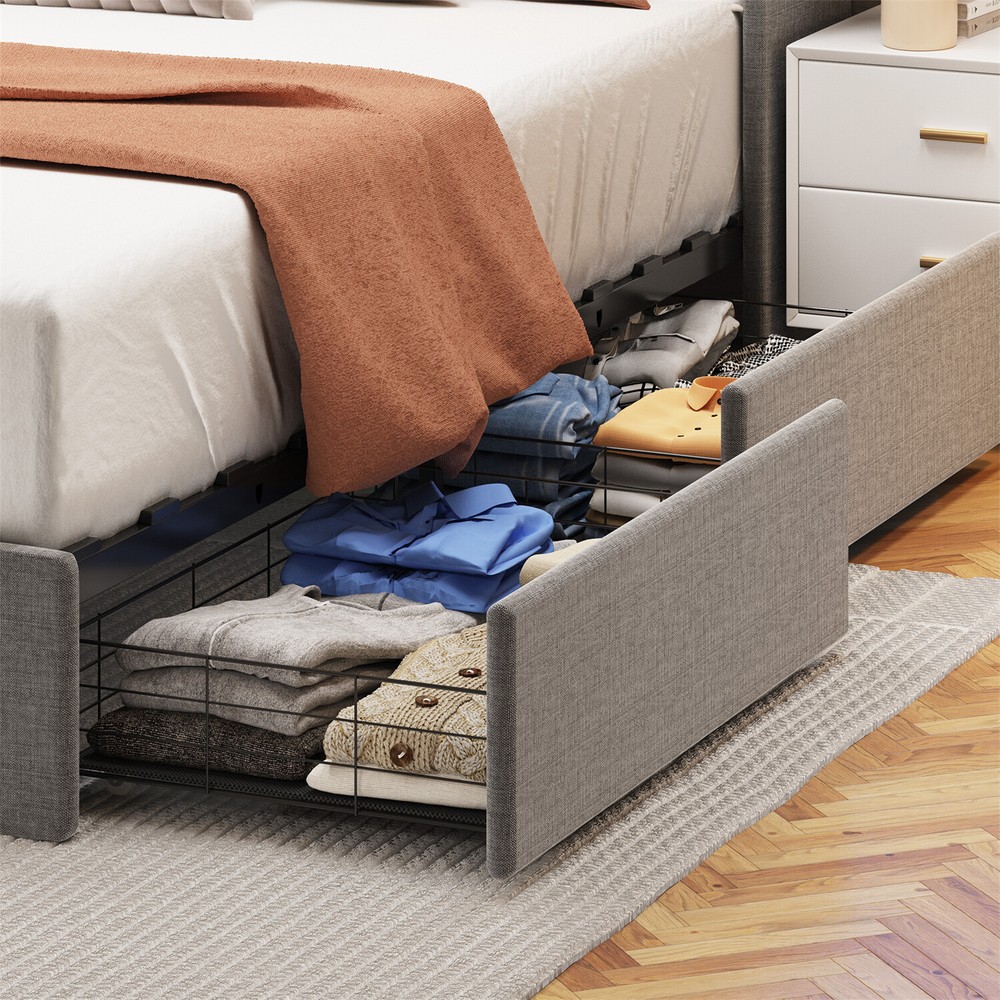 Queen Size Bed Frame Upholstered Platform Bed w/ LED Lights Headboard & 4 Drawer
