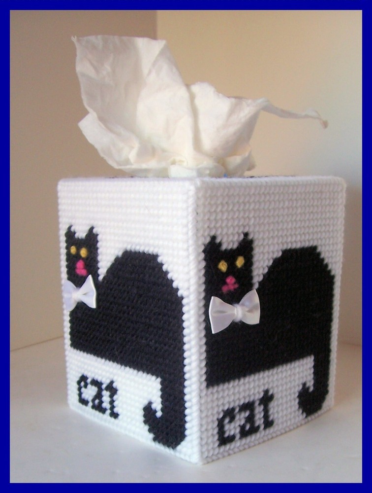 BLACK CAT NURSERY HANDMADE PLASTIC CANVAS TISSUE BOX COVER TOPPER