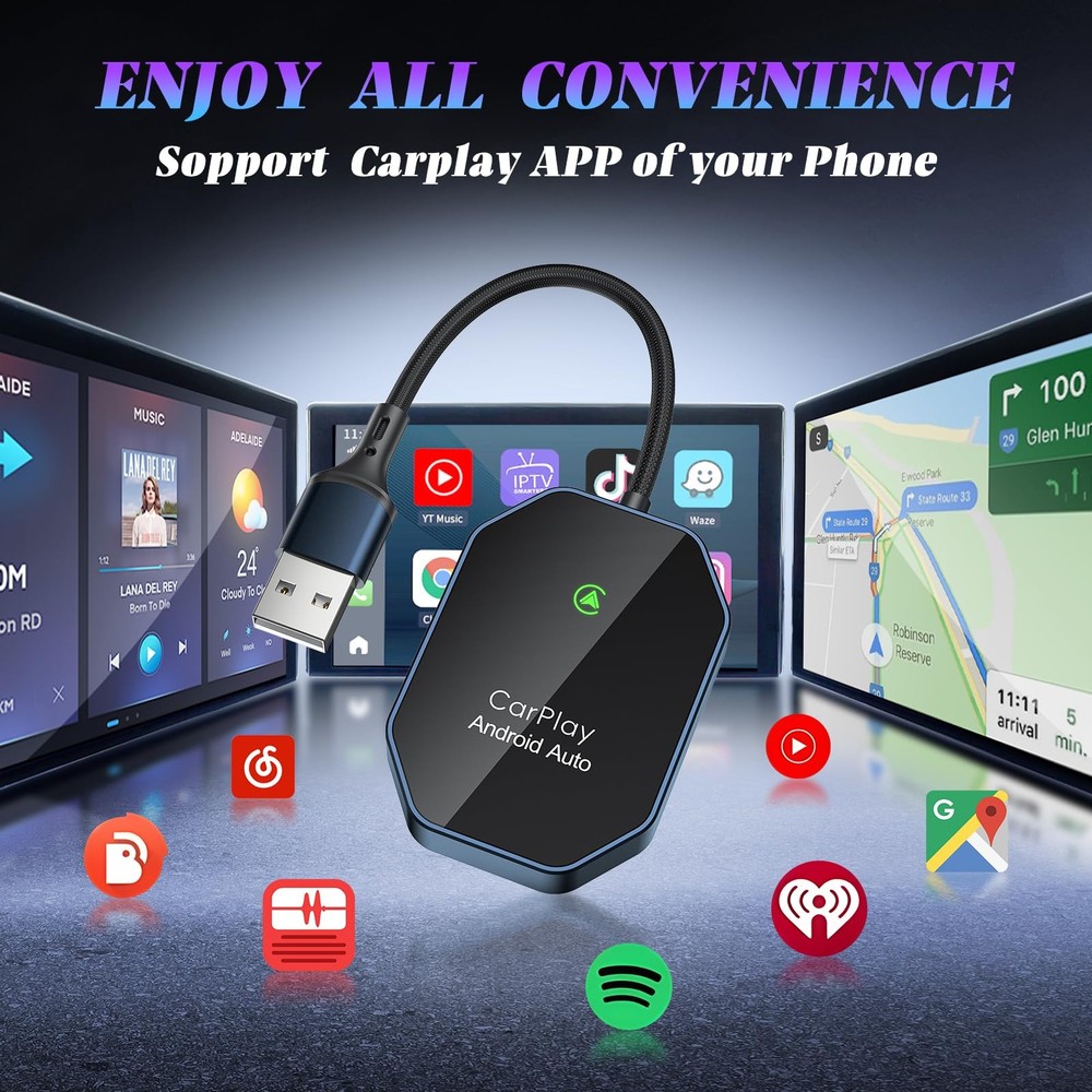 Wireless Carplay Adapter, 2 in 1 CarPlay & Android Auto Black