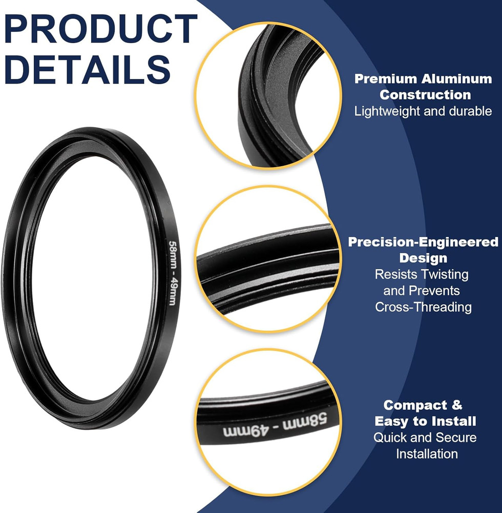 Step down Ring Adapter 58Mm to 49Mm, 2 Pcs Filter Step-Down Rings Camera Lens Fi