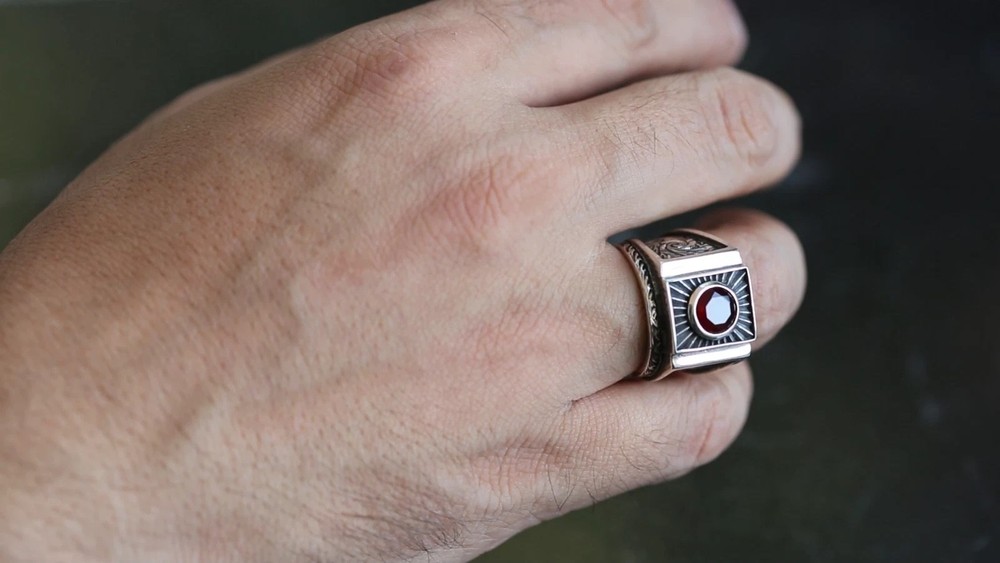925 Men's Red Ruby Gemstone Handmade Engraved Sterling Silver Ring