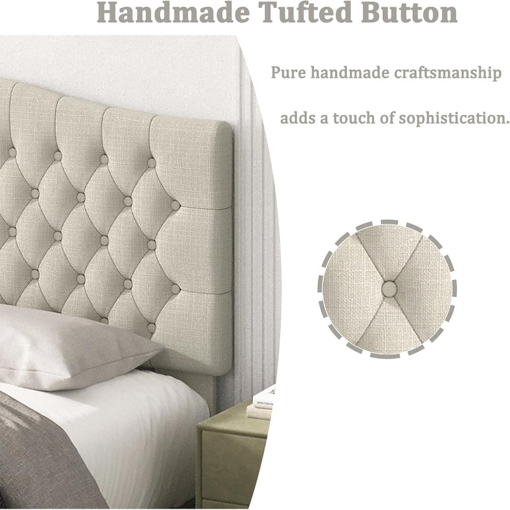 King Headboard Upholstered Wall Mount Tufted Linen Ivory for Adjustable Bed