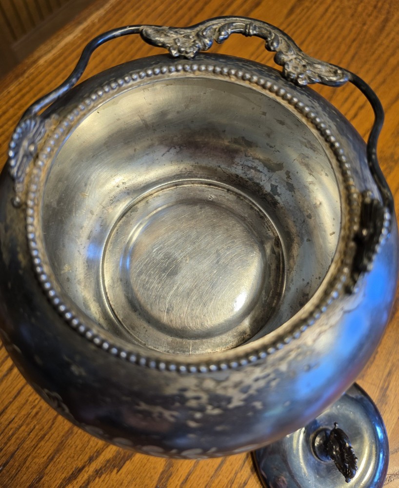 Antique Cracker Jar Quadruple Silverplate With Handle Victorian Etched