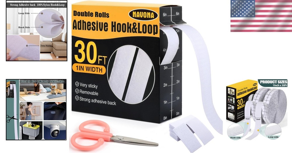 Self-Adhesive Nylon Hook and Loop Strips - 30ft Rolls for Home & Office Use
