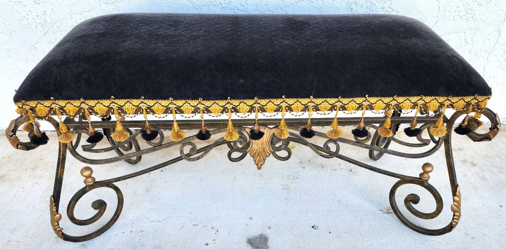 Vintage Italian Scrolled Wrought Iron Vanity Bench