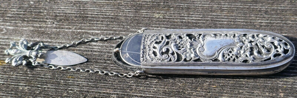 Antique Continental 800 Fine Silver Eye Glass Chatelaine Case w/ Spectacles
