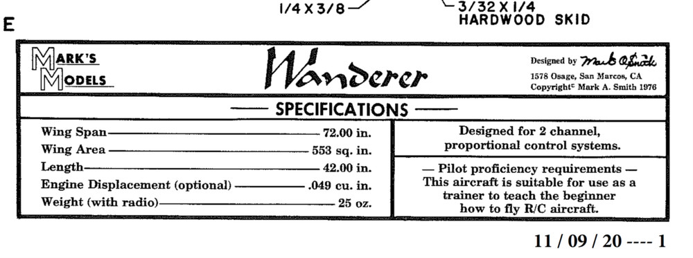 WANDERER PLAN + CONSTRUCTION & POWER POD ARTICLES for 72" RC Model Sailplane