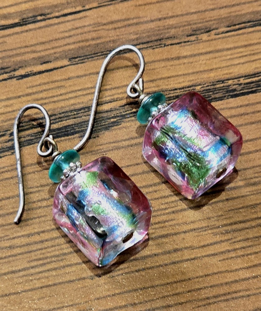 Dichro Glass Cube Pendant Earrings Handcrafted