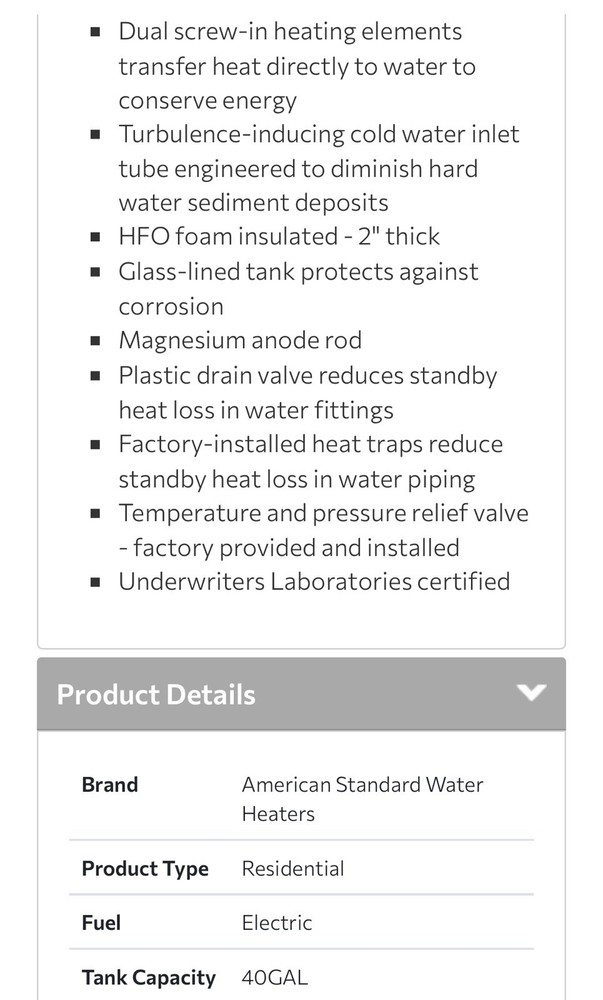 American Standard Water Heaters ENS40T-6