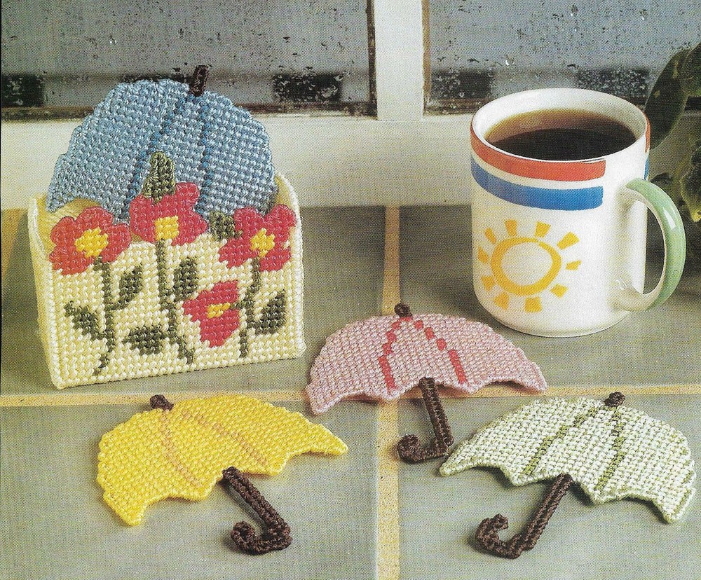 AUTUMN SHOWERS UMBRELLA COASTERS & HOLDER PLASTIC CANVAS PATTERN INSTRUCTIONS