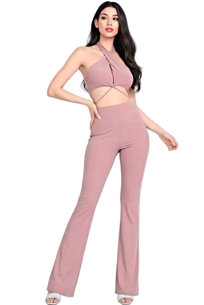Solid Halter Top And Elastic Leggings Set