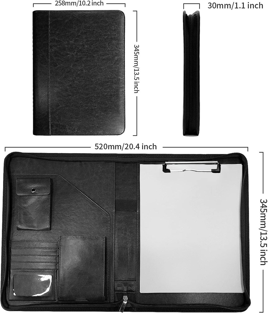 Zippered Padfolio Organizer, WRIYES Leather Planner Binder, Classic, Black1