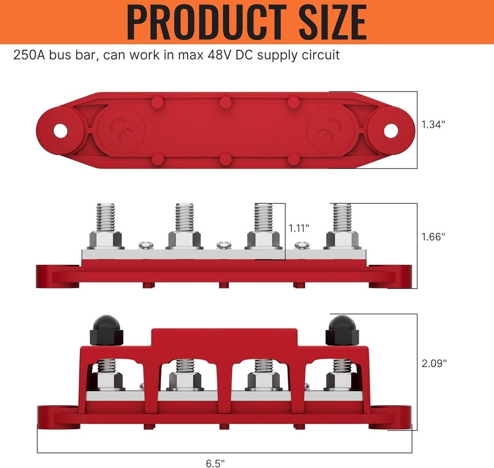 12V 250A Power Distribution Block Bus Bar with 4 Studs