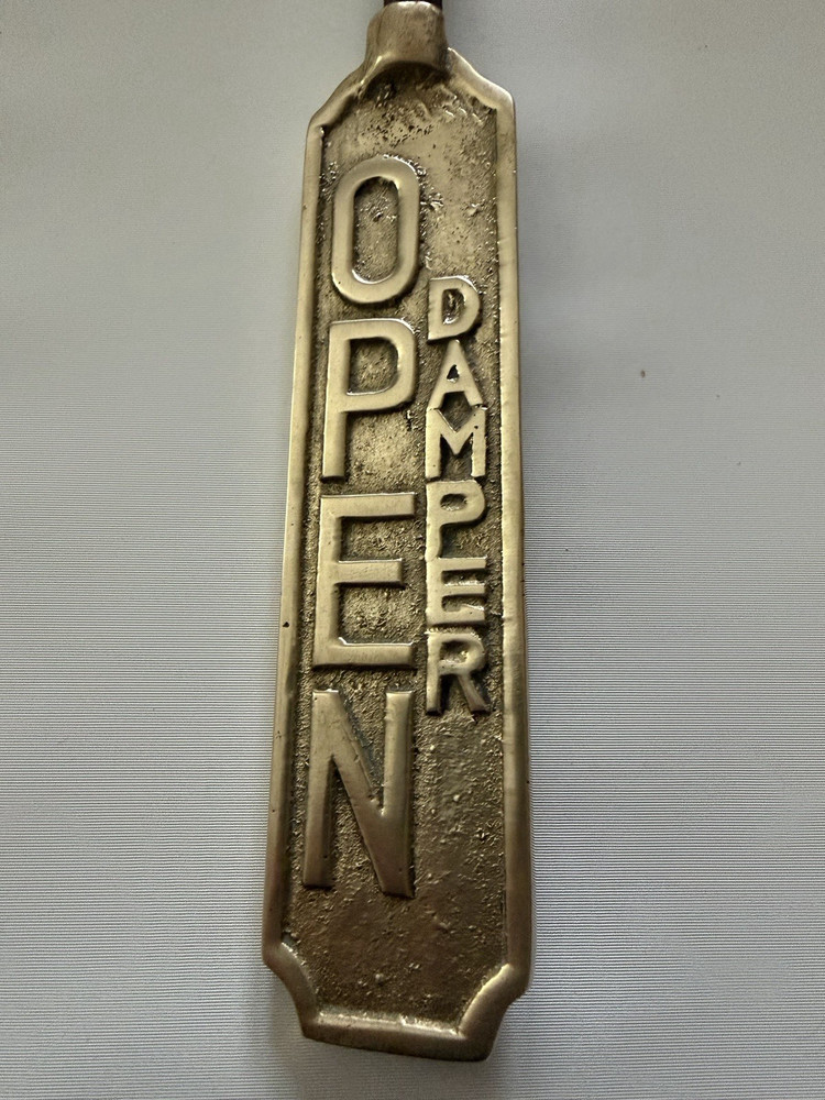 Vtg Solid Brass & Iron Fireplace Damper Open/Closed Hanging Sign Flue Pull Hook