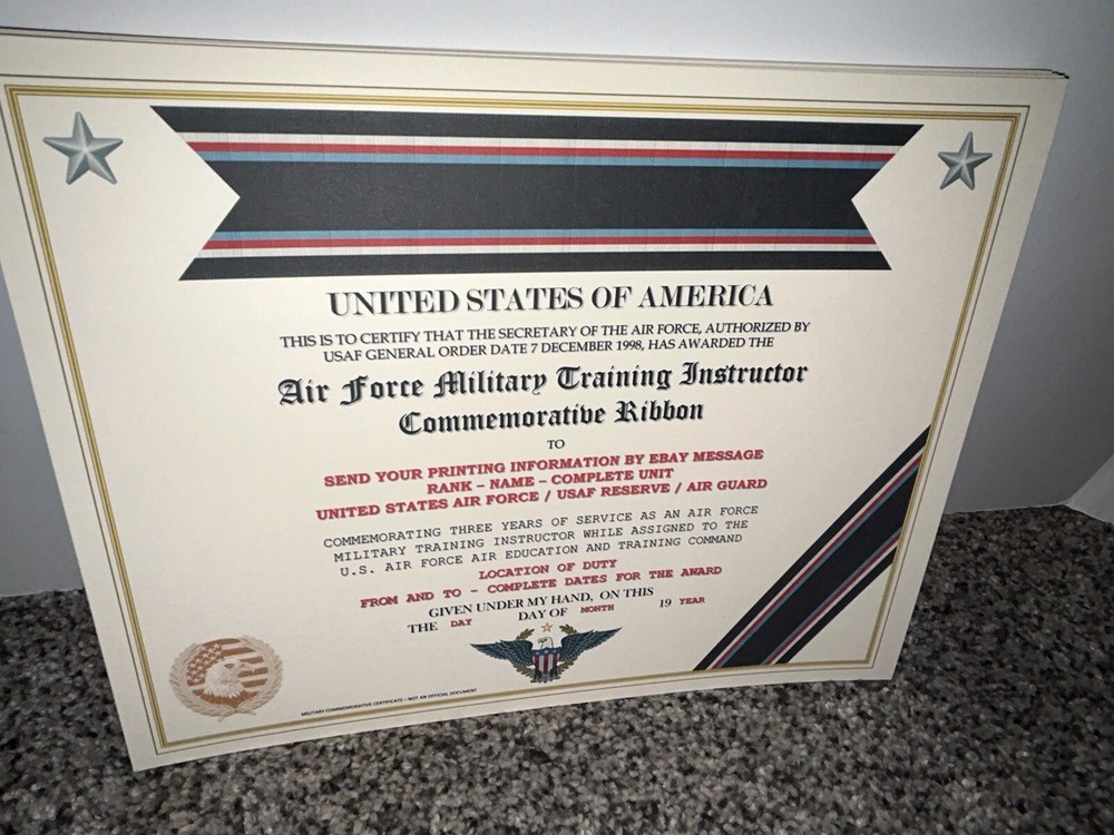 U.S. AIR FORCE TRAINING INSTRUCTOR COMMEMORATIVE CERTIFICATE ~ W/PRINTING TYPE-1