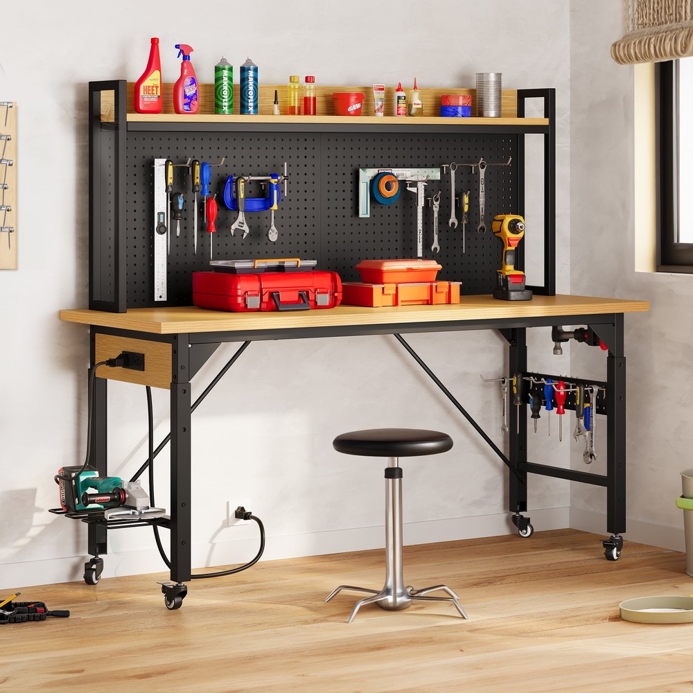 GARAGE Rolling WORKBENCH Multifunctional 52"H Tool Pegboard Power Outlets Steel